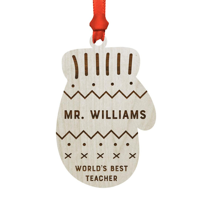 Custom Teacher's Name Engraved Real Natural Wood Christmas Ornament-Set of 1-Andaz Press-Winter Mitten-