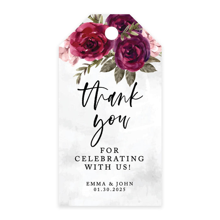 Custom Thank You for Celebrating with Us Wedding Favor Tags with Bakers Twine, 2 x 3.75-Inches-Set of 100-Andaz Press-Burgundy Florals-
