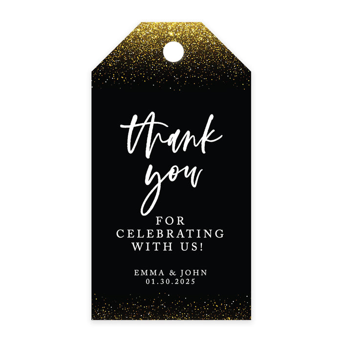 Custom Thank You for Celebrating with Us Wedding Favor Tags with Bakers Twine, 2 x 3.75-Inches-Set of 100-Andaz Press-Gold Glitter With Black-