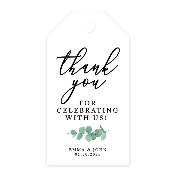 Custom Thank You for Celebrating with Us Wedding Favor Tags with Bakers Twine, 2 x 3.75-Inches-Set of 100-Andaz Press-Minimal Eucalyptus Leaf-