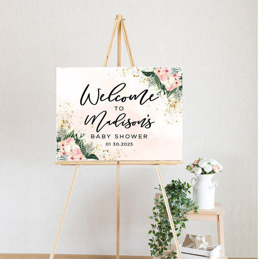 Custom Tropical Baby Shower Canvas Welcome Signs-Set of 1-Andaz Press-Pink Hibiscus Tropical Palm Leaves-