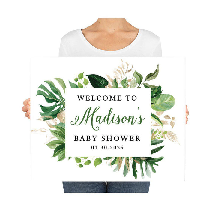 Custom Tropical Baby Shower Canvas Welcome Signs-Set of 1-Andaz Press-Pink Hibiscus Tropical Palm Leaves-