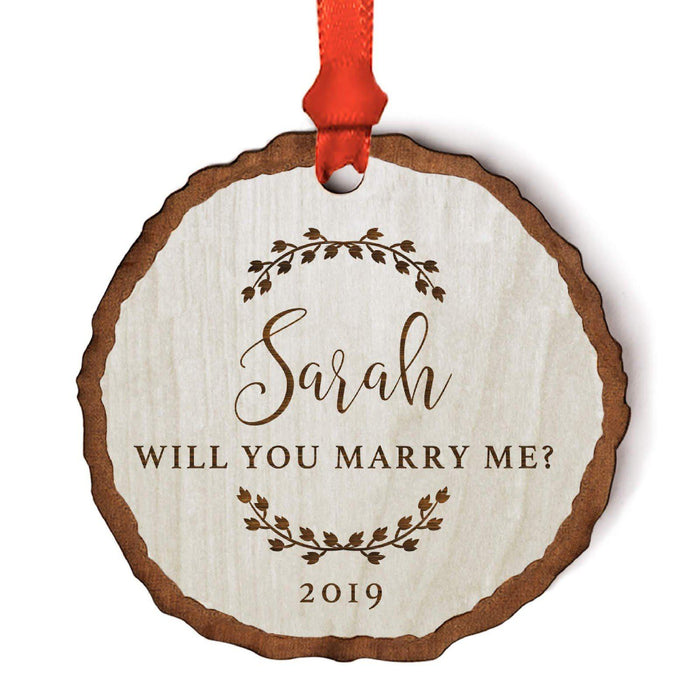 Custom Wedding Engagement Real Wood Rustic Farmhouse Christmas Ornament, Rustic Laurel Leaves-Set of 1-Andaz Press-Will You Marry Me-