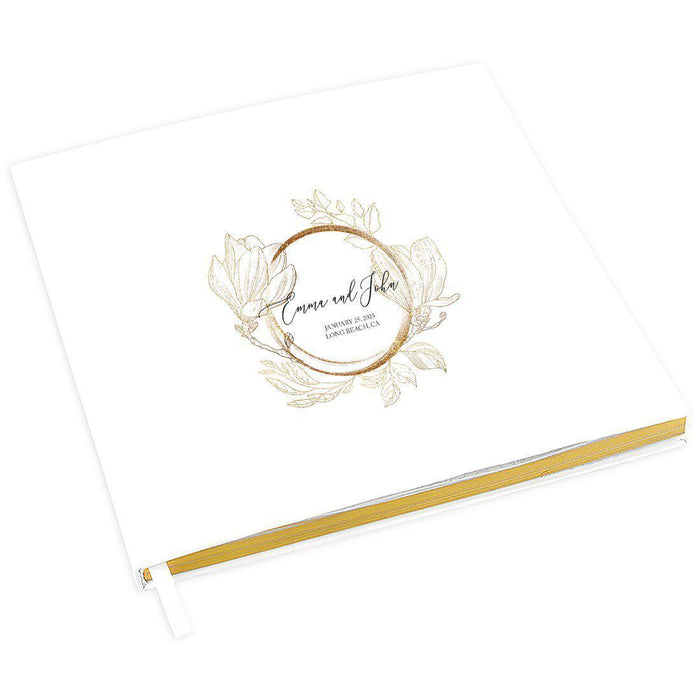 Custom Wedding Guestbook with Gold Accents, White Guest Sign in Registry – 44 Designs-Set of 1-Andaz Press-Gold Glitter Line Blooms-
