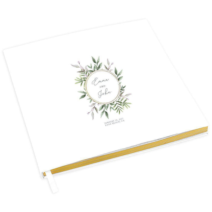 Custom Wedding Guestbook with Gold Accents, White Guest Sign in Registry – 44 Designs-Set of 1-Andaz Press-Modern Round Leaf Wreath-