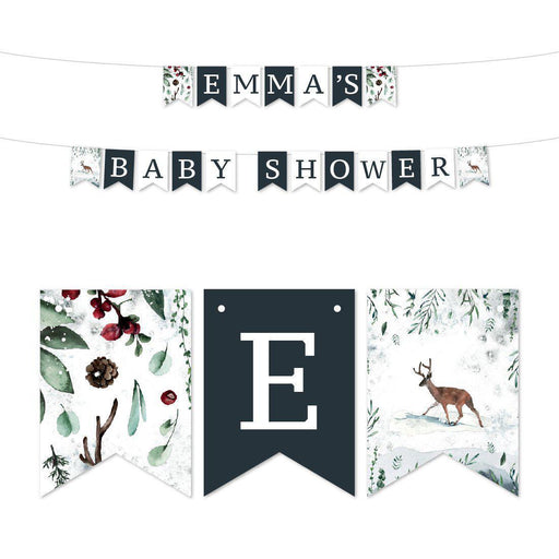 Custom Winter Snowy Woodland Forest Watercolor Baby Shower Collection, Hanging Pennant Party Banner with String-Set of 1-Andaz Press-Baby Shower Custom-