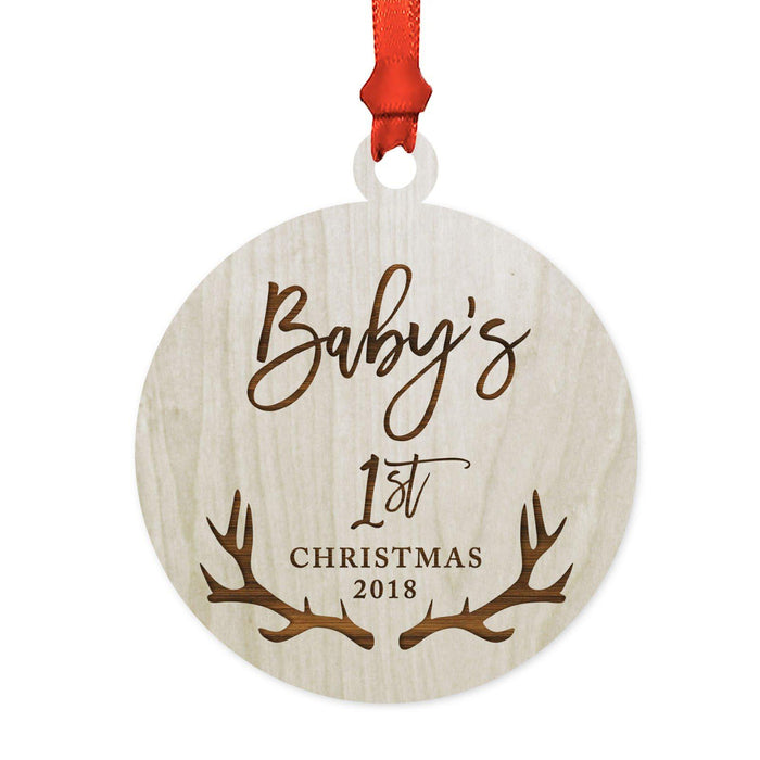 Custom Year Family Laser Engraved Wood Christmas Ornament, Deer Antlers Design 1-Set of 1-Andaz Press-Baby's 1st Christmas-