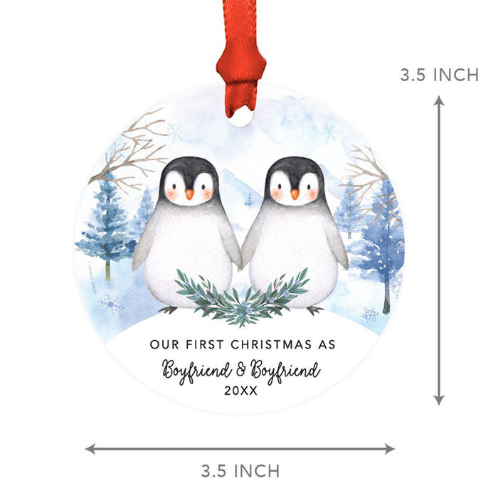 Custom Year Family Round Metal Christmas Keepsake Ornament, Watercolor Winter Penguins on Snow Design 2-Set of 1-Andaz Press-Boyfriend & Boyfriend-