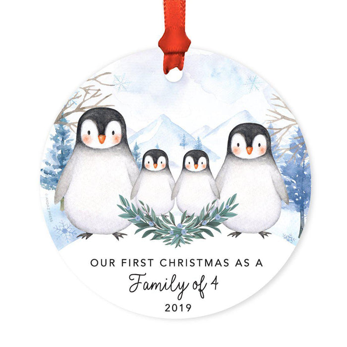 Custom Year Family Round Metal Christmas Keepsake Ornament, Watercolor Winter Penguins on Snow Design 2-Set of 1-Andaz Press-Family of Four-