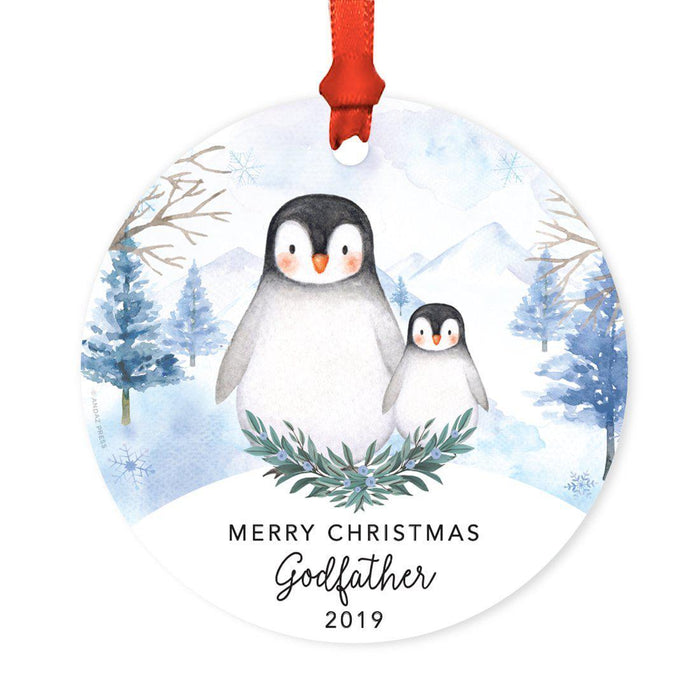 Custom Year Family Round Metal Christmas Keepsake Ornament, Watercolor Winter Penguins on Snow Design 2-Set of 1-Andaz Press-Merry Christmas Godfather-
