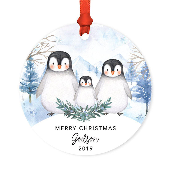 Custom Year Family Round Metal Christmas Keepsake Ornament, Watercolor Winter Penguins on Snow Design 2-Set of 1-Andaz Press-Merry Christmas Godson-
