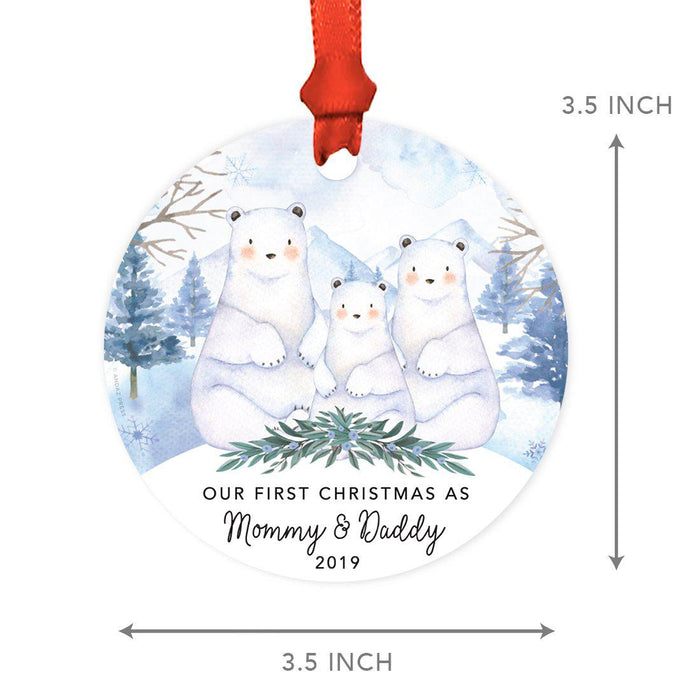 Custom Year Family Round Metal Christmas Ornament, Watercolor Winter Polar Bears on Snow Design 1-Set of 1-Andaz Press-Mommy and Daddy-