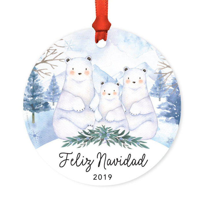 Custom Year Family Round Metal Christmas Ornament, Watercolor Winter Polar Bears on Snow Design 1-Set of 1-Andaz Press-Feliz Navidad-