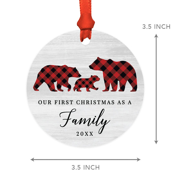 Custom Year Metal Christmas Ornament, Gray Wood | Red Buffalo Plaid Bears, Our First Christmas-Set of 1-Andaz Press-Our First Christmas as a Family-