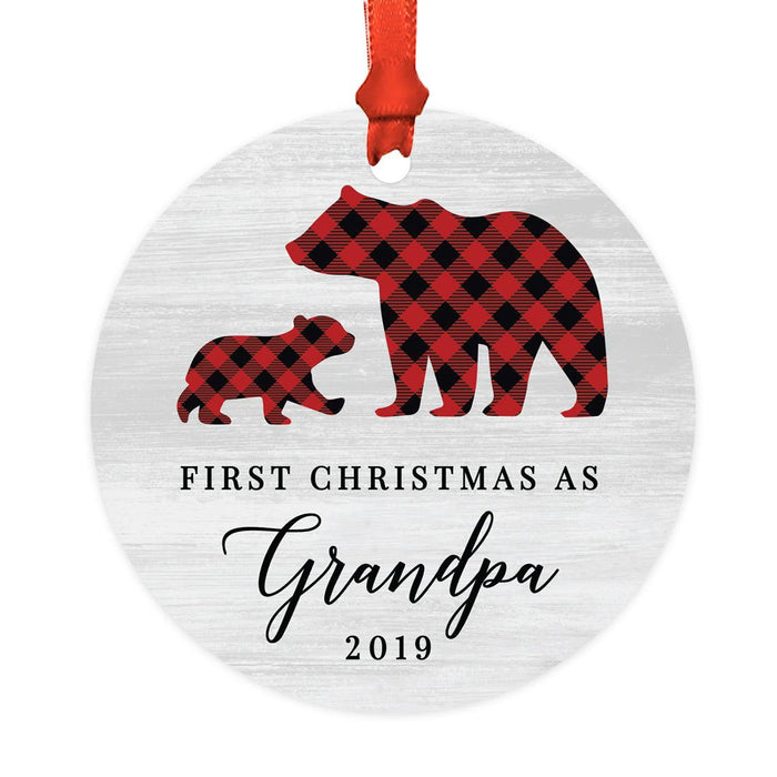 Custom Year Metal Christmas Ornament, Gray Wood | Red Buffalo Plaid Bears, Our First Christmas-Set of 1-Andaz Press-First Christmas as Grandpa-