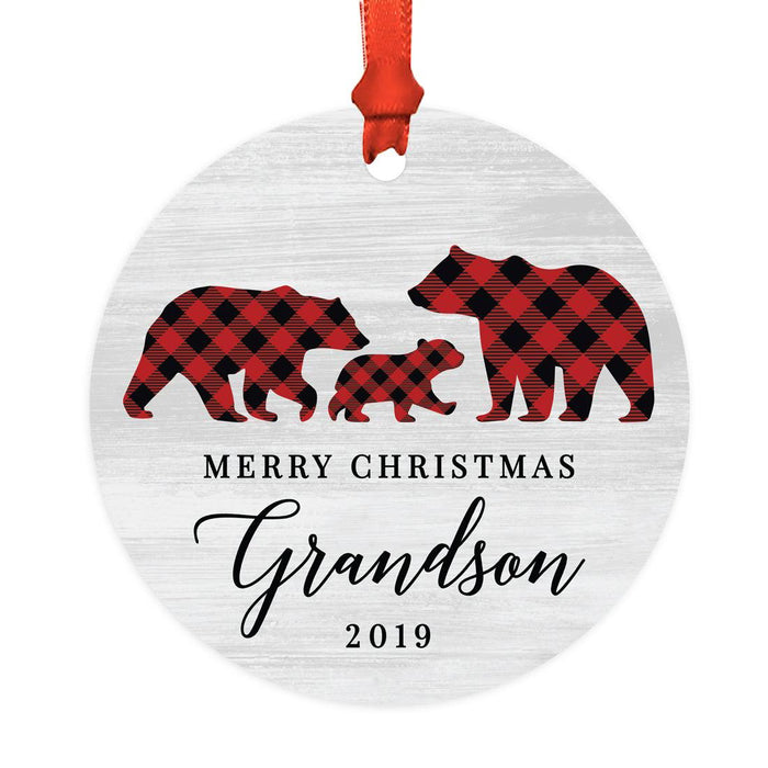 Custom Year Metal Christmas Ornament, Gray Wood | Red Buffalo Plaid Bears, Our First Christmas-Set of 1-Andaz Press-Merry Christmas Grandson-