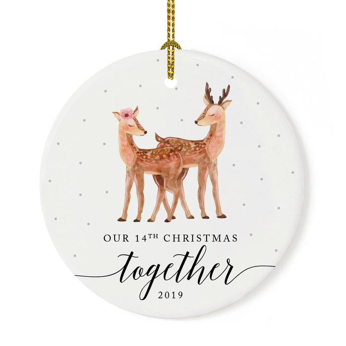 Custom Year Wedding Anniversary Round Ceramic Porcelain Christmas Ornament, Woodland Deer Design 1-Set of 1-Andaz Press-14th-