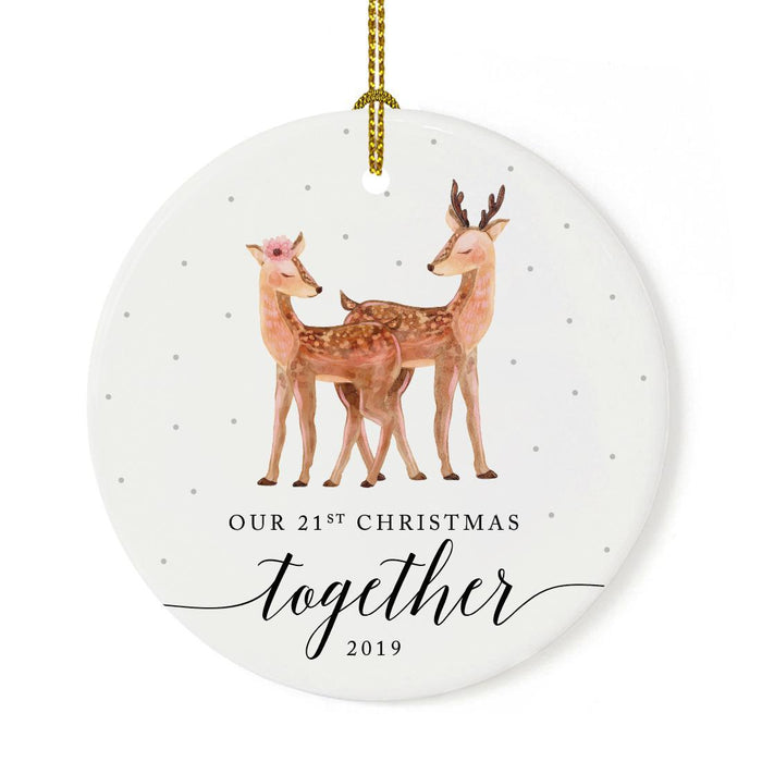 Custom Year Wedding Anniversary Round Ceramic Porcelain Christmas Ornament, Woodland Deer Design 1-Set of 1-Andaz Press-21st-