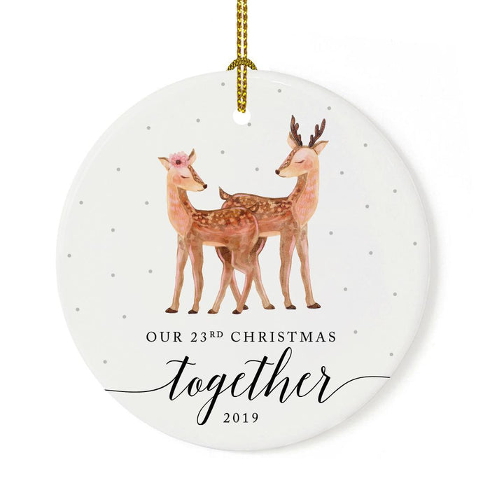 Custom Year Wedding Anniversary Round Ceramic Porcelain Christmas Ornament, Woodland Deer Design 1-Set of 1-Andaz Press-23rd-