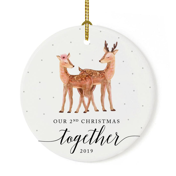 Custom Year Wedding Anniversary Round Ceramic Porcelain Christmas Ornament, Woodland Deer Design 1-Set of 1-Andaz Press-2nd-