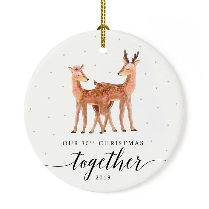 Custom Year Wedding Anniversary Round Ceramic Porcelain Christmas Ornament, Woodland Deer Design 1-Set of 1-Andaz Press-30th-