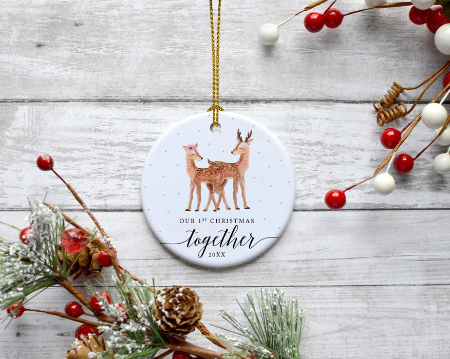 Custom Year Wedding Anniversary Round Ceramic Porcelain Christmas Ornament, Woodland Deer Design 1-Set of 1-Andaz Press-1st-