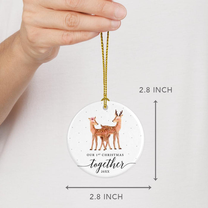 Custom Year Wedding Anniversary Round Ceramic Porcelain Christmas Ornament, Woodland Deer Design 1-Set of 1-Andaz Press-1st-