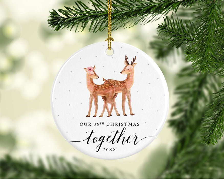 Custom Year Wedding Anniversary Round Ceramic Porcelain Christmas Ornament, Woodland Deer Design 2-Set of 1-Andaz Press-36th-