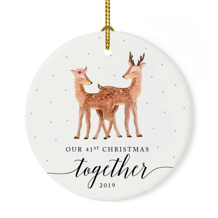 Custom Year Wedding Anniversary Round Ceramic Porcelain Christmas Ornament, Woodland Deer Design 2-Set of 1-Andaz Press-41st-