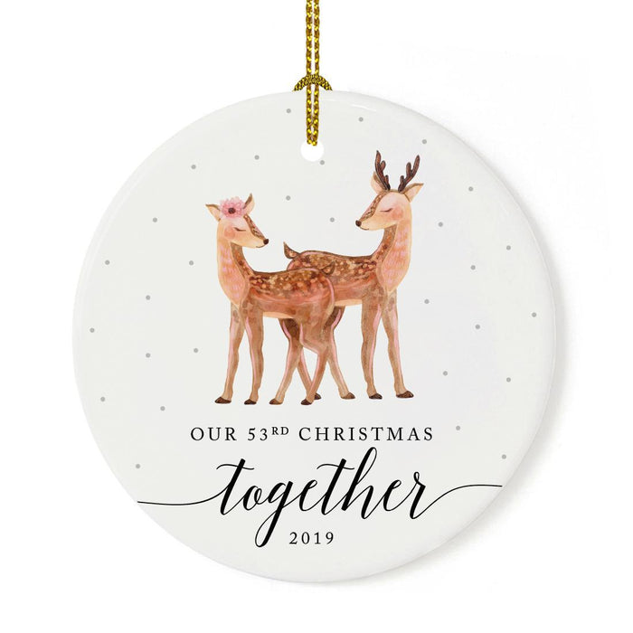 Custom Year Wedding Anniversary Round Ceramic Porcelain Christmas Ornament, Woodland Deer Design 2-Set of 1-Andaz Press-53rd-