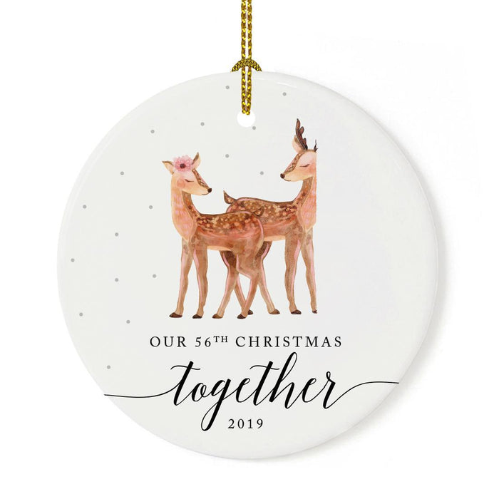 Custom Year Wedding Anniversary Round Ceramic Porcelain Christmas Ornament, Woodland Deer Design 2-Set of 1-Andaz Press-56th-