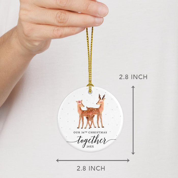 Custom Year Wedding Anniversary Round Ceramic Porcelain Christmas Ornament, Woodland Deer Design 2-Set of 1-Andaz Press-36th-