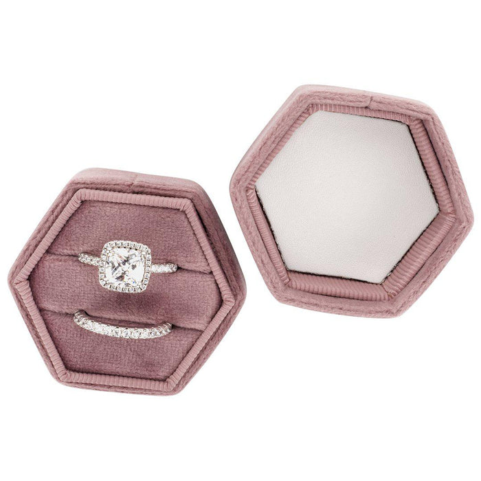 Double Hexagon Velvet Ring Box-Set of 1-Koyal Wholesale-Champagne-