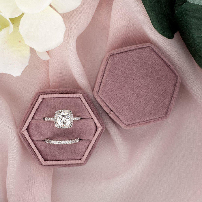 Double Hexagon Velvet Ring Box-Set of 1-Koyal Wholesale-Champagne-