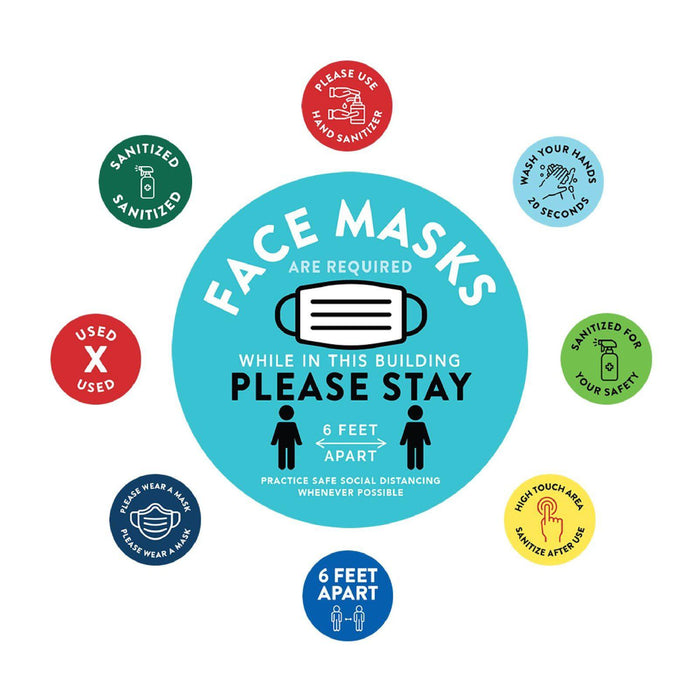 Face Mask Required For Entry, Social Distancing Business Signs, Round Circle Vinyl Sticker Decals-Set of 50-Andaz Press-Face Masks Required-