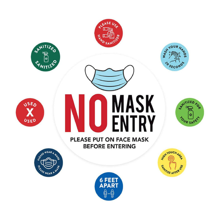 Face Mask Required For Entry, Social Distancing Business Signs, Round Circle Vinyl Sticker Decals-Set of 50-Andaz Press-No Mask No Entry-