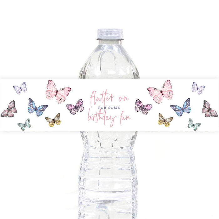 First Birthday Party Favor Water Bottle Label Stickers, For Kids-Set of 40-Andaz Press-Butterfly Flutter On For Some Birthday Fun-