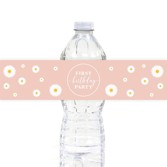 First Birthday Party Favor Water Bottle Label Stickers, For Kids-Set of 40-Andaz Press-Daisy First Birthday Party-
