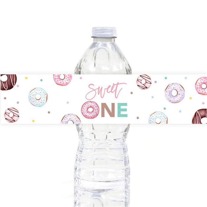 First Birthday Party Favor Water Bottle Label Stickers, For Kids-Set of 40-Andaz Press-Donut-