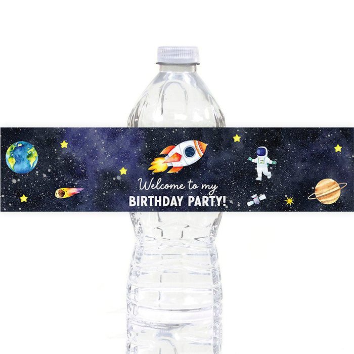 First Birthday Party Favor Water Bottle Label Stickers, For Kids-Set of 40-Andaz Press-Outer Space Astronaut Welcome To My Birthday Party-