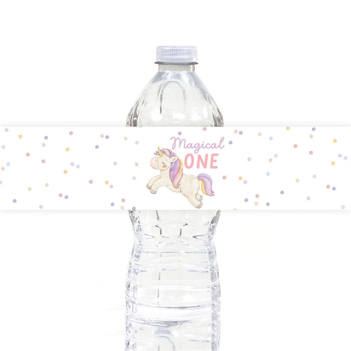 First Birthday Party Favor Water Bottle Label Stickers, For Kids-Set of 40-Andaz Press-Unicorn-