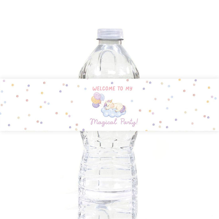 First Birthday Party Favor Water Bottle Label Stickers, For Kids-Set of 40-Andaz Press-Unicorn Welcome To My Magical Party-