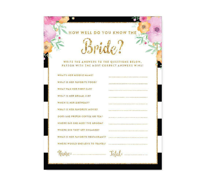 Floral Gold Glitter Wedding Bridal Shower Game Cards-Set of 20-Andaz Press-How Well Do You Know The Bride?-