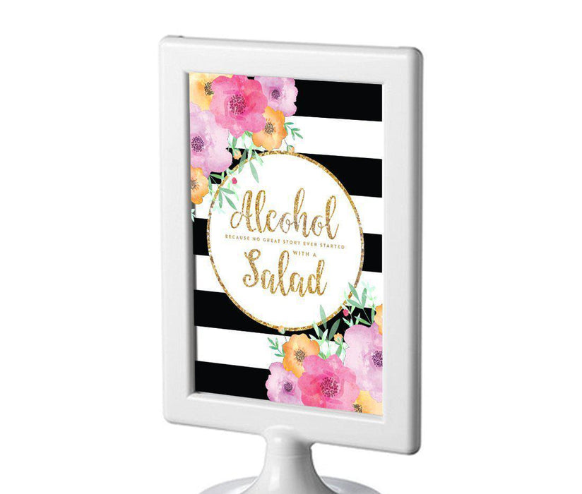 Floral Gold Glitter Wedding Framed Party Signs-Set of 1-Andaz Press-Alcohol, No Story Started With A Salad-