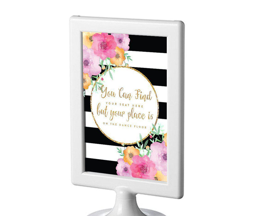 Floral Gold Glitter Wedding Framed Party Signs-Set of 1-Andaz Press-Find Your Seat Here, Place On Dance Floor-