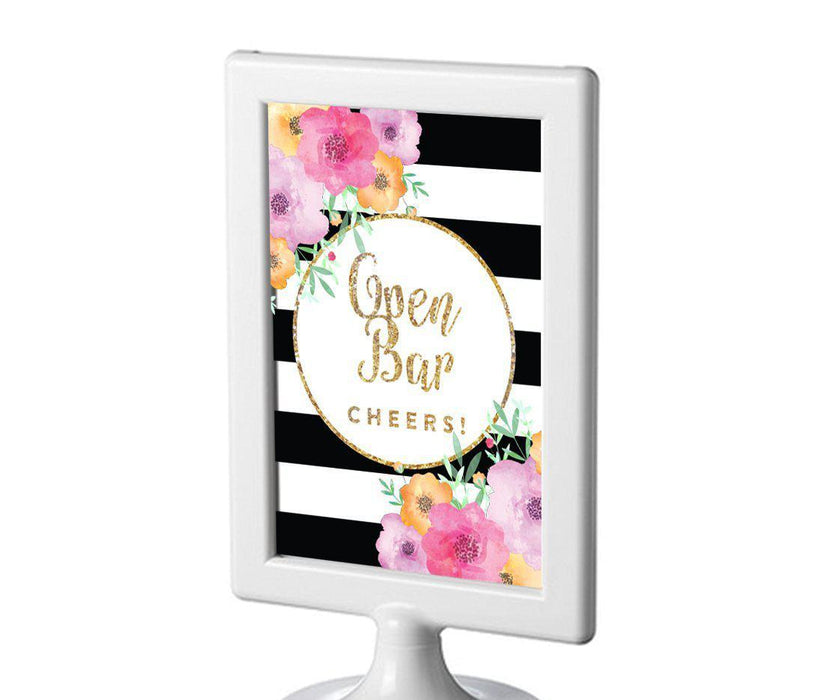 Floral Gold Glitter Wedding Framed Party Signs-Set of 1-Andaz Press-Open Bar Cheers!-