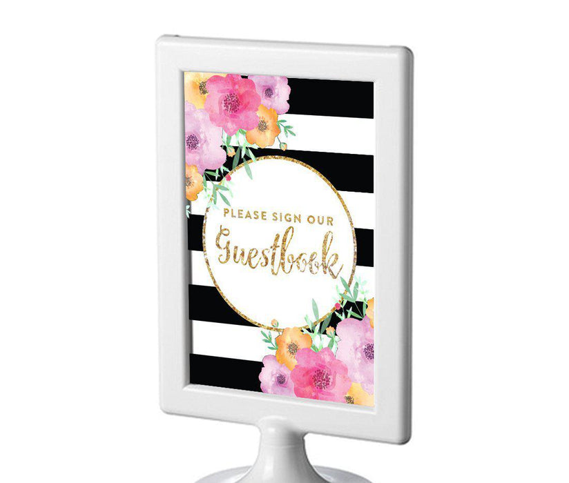 Floral Gold Glitter Wedding Framed Party Signs-Set of 1-Andaz Press-Sign Our Guestbook-
