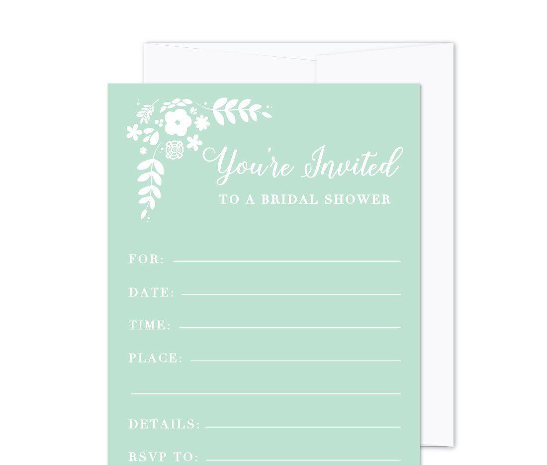 Floral Mint Green Wedding Blank Bridal Shower Invitations with Envelopes-Set of 20-Andaz Press-