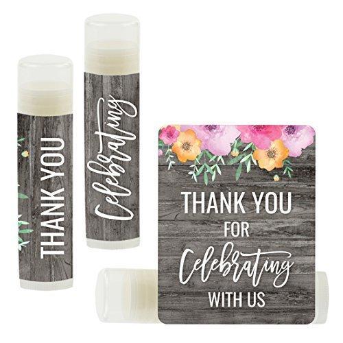 Florals on Gray Rustic Wood, Lip Balm Party Favors-Set of 12-Andaz Press-Thank You for Celebrating with US-