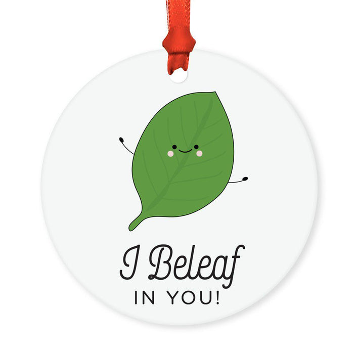 Food Pun 8 Round MDF Christmas Tree Ornaments-Set of 1-Andaz Press-Happy Leaf-